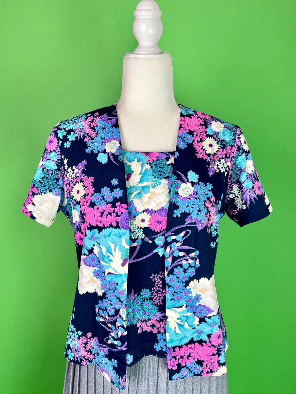 Vintage 70s Blue Purple Pink Flower Power Print Blouse Size Medium